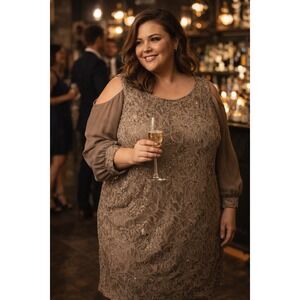 Scarlett‎ Women's Evening Dress Lace Sequin Cold Shoulder Beige Size 20W Lined